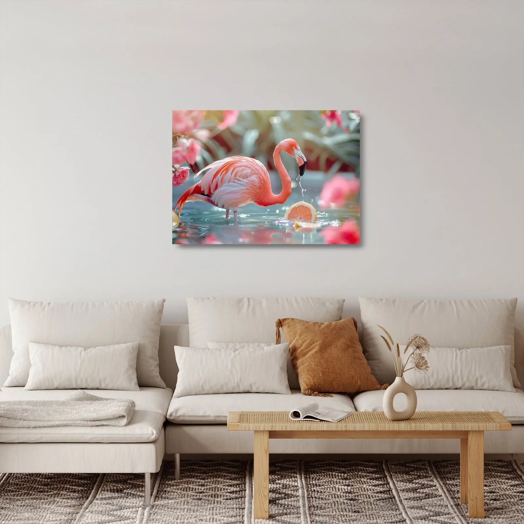Sklenený obraz - Plameniak v jazierku (70x50 cm)