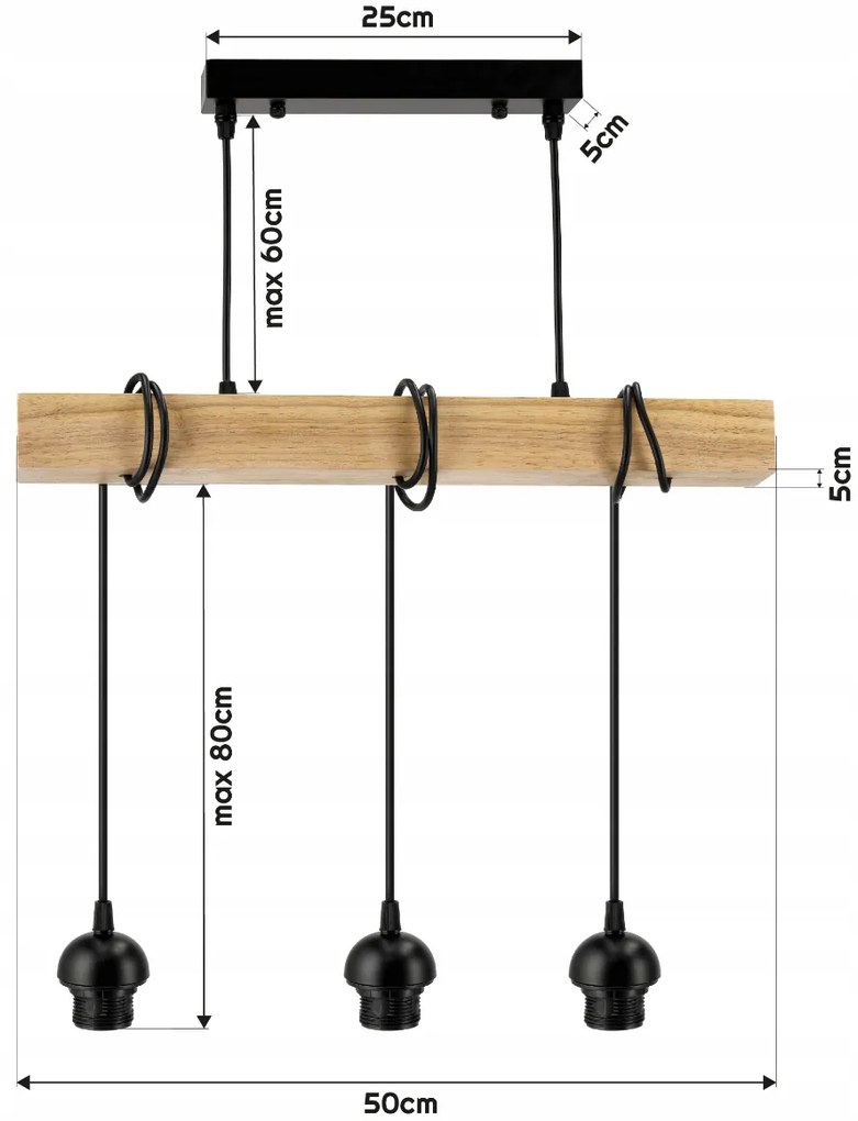 BERGE LED závesné stropné svietidlo, drevený trám, 3xE27, loft, mliečna kocka