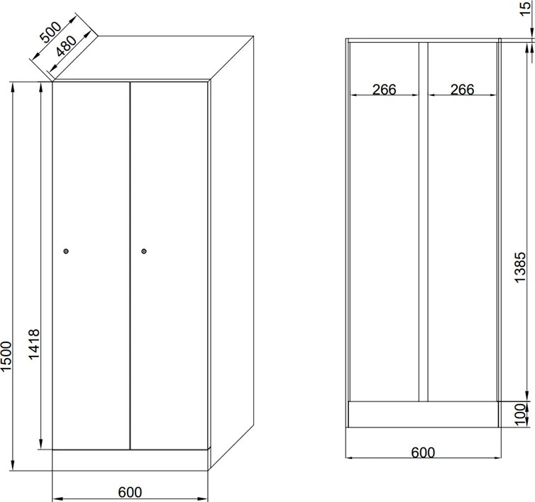 Šatníková skrinka S1 znížená, 2 oddiely, 1500 x 600 x 500 mm, otočný zámok, laminované dvere, dub prírodný