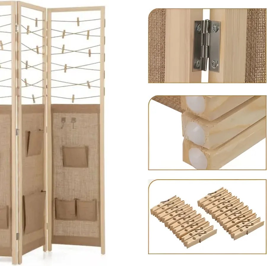 3-panelový paraván s 8 úložnými vreckami a 4 háčikmi, prírodný