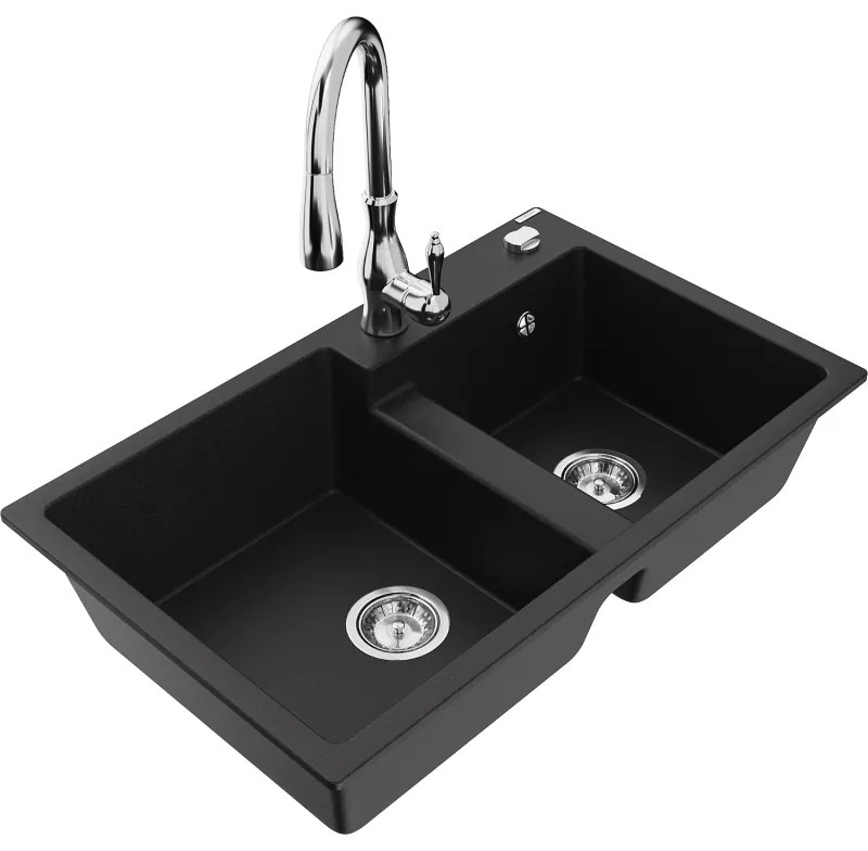 Mexen Tomas, granitový drez 800x500x190 mm, 2-komorový a drezová batéria Savita, čierna, 6516-77-672601-00
