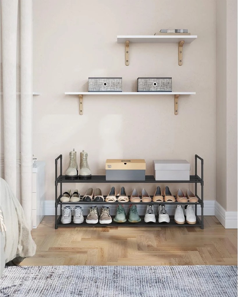 3-úrovňový stojan na topánky, botník, pre 15-18 párov, 30 x 116 x 55 cm, čierny