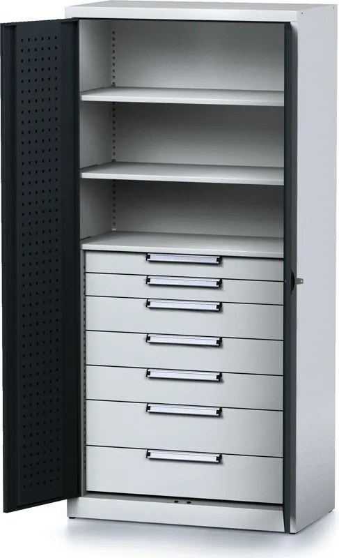 Policová dielenská skriňa 2-dverová MECHANIC, 3 police, 7 zásuviek, 920 x 500 x 1950 mm, grafitové dvere