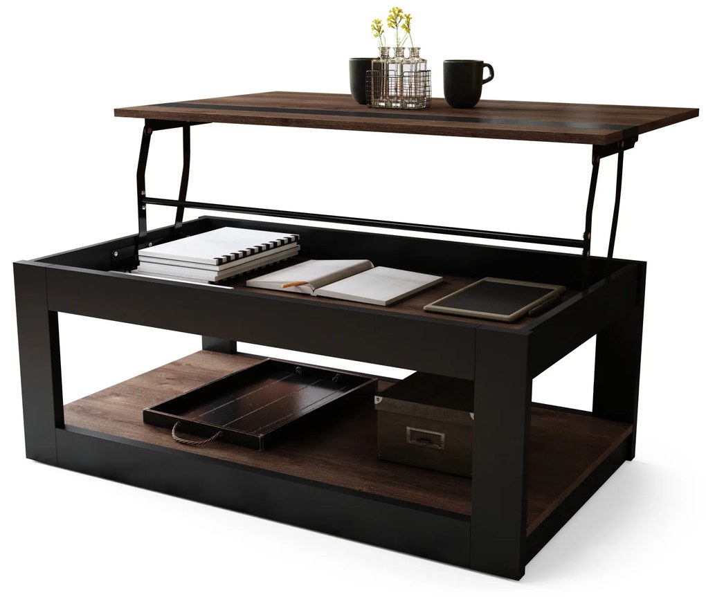 LUSSO Dub Hnedá/Čierna matná - MODERNÝ STOLÍK SO ZDVÍHAVOU STOLOVOU DOSKOU + ÚLOŽNÝ PRIESTOR + POLICA (NA KOLESÁCH!)