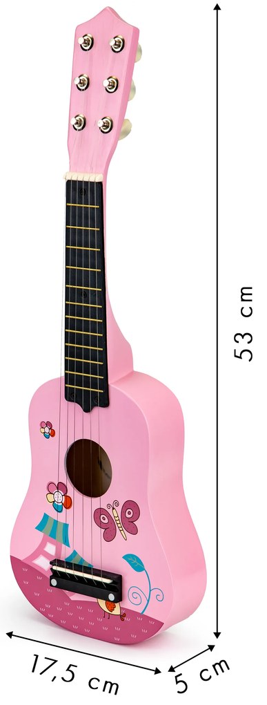 Detská gitara s drevenými kovovými strunami - ružová