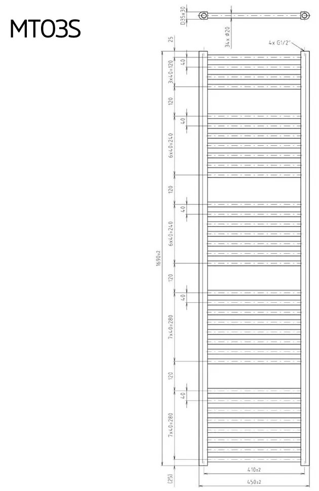 Mereo Mereo, Vykurovací rebrík, 450x1690 mm, 956 W, rovný, biely, stredové pripojenie, MER-MT03S