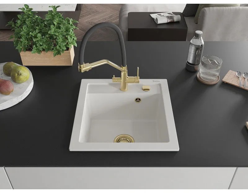 Mexen Vito, 1-komorový granitový drez 520x490x210 mm, drezová batéria Duo, biela, 6503-20-671701-57-G