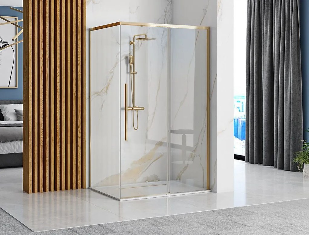 Rea Solar Gold Elegant, sprchový kút s posuvnými dverami 120 (dvere) x 90 (stena) x 195 cm, 6mm číre sklo, zlatý profil, REA-K4902