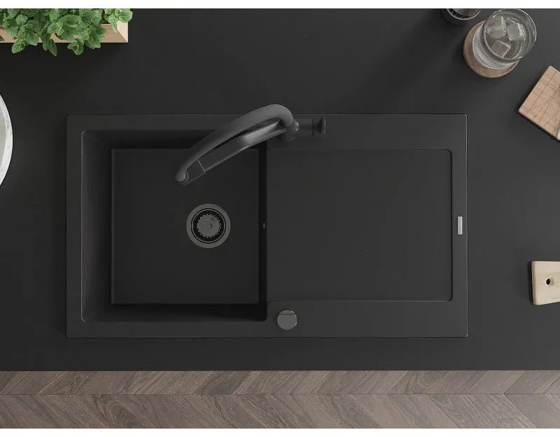 Mexen Leo, 1-komorový granitový drez 900x500x190 mm a drezová batéria Duo, čierna, 6501-77-671701-70-B