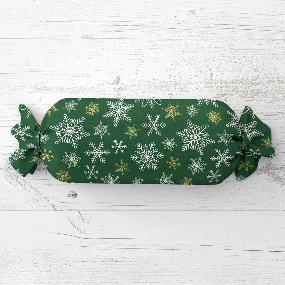 Biante Vankúš valec bonbon Sandra SA-703 Vianočné vločky na zelenom 15x80 cm