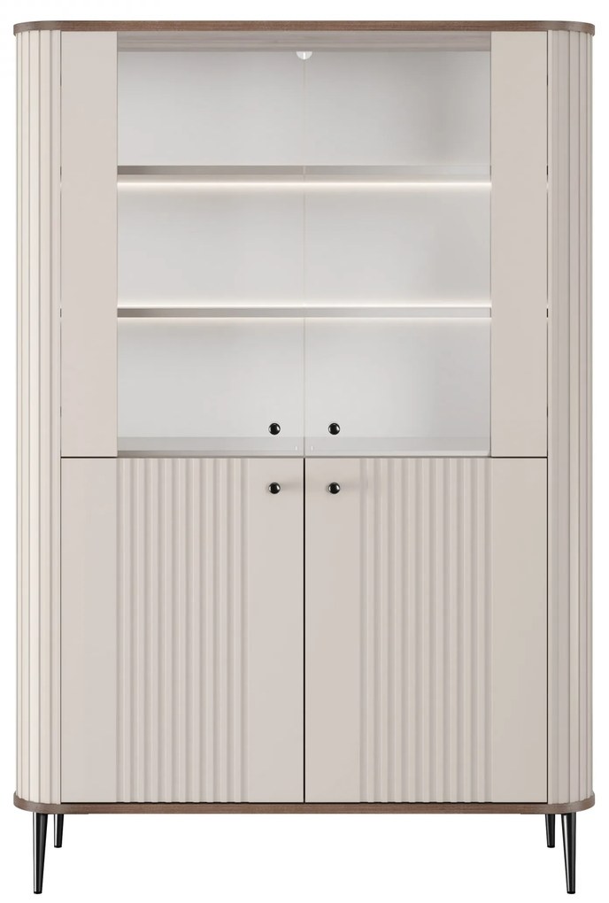 Vitrína Vesper 103 cm štvordverová - kašmír / orech / čierne nohy