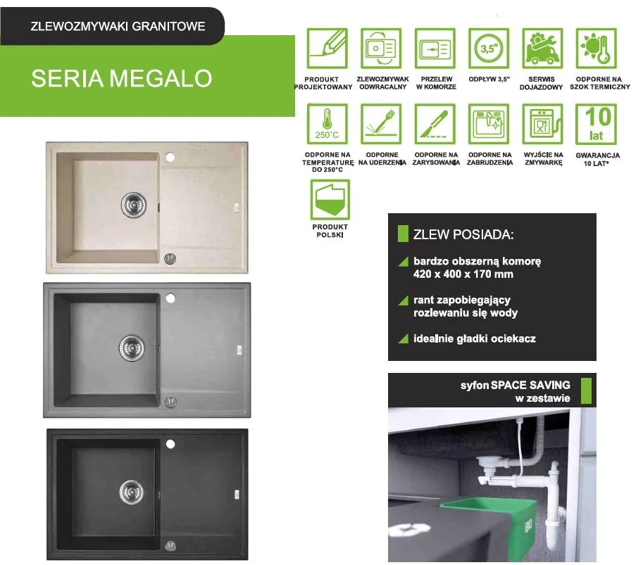 Laveo Megalo, 1-komorový granitový drez 780x500x185 mm + drezová batéria BKZ_468, béžová, LAV-SBEA411T