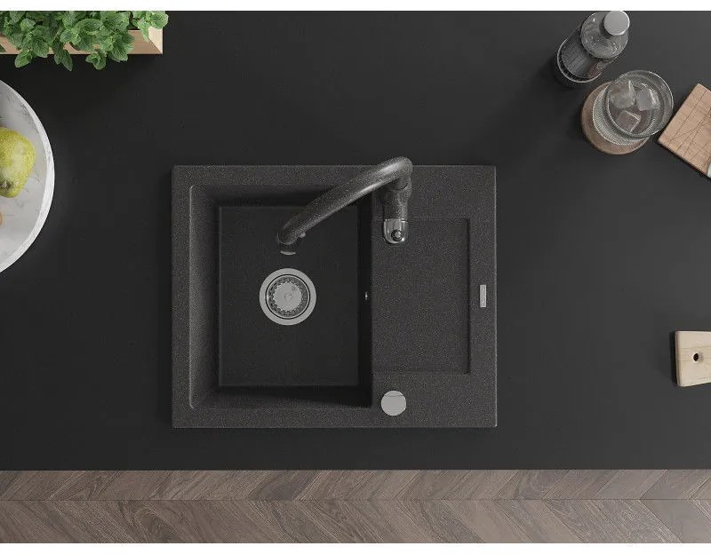 Mexen Enzo, 1-komorový granitový drez 576x465x174 mm a drezová batéria Savita, čierna škvrtnitá, 6506-76-672601-76
