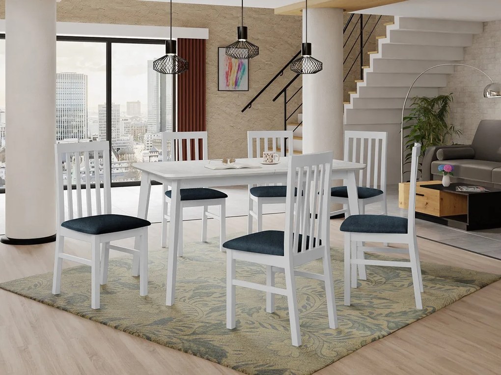 Rozkladací stôl so 6 stoličkami AL16, Morenie: biela, Poťahové látky: Kronos 7, Farby nožičiek: čierna