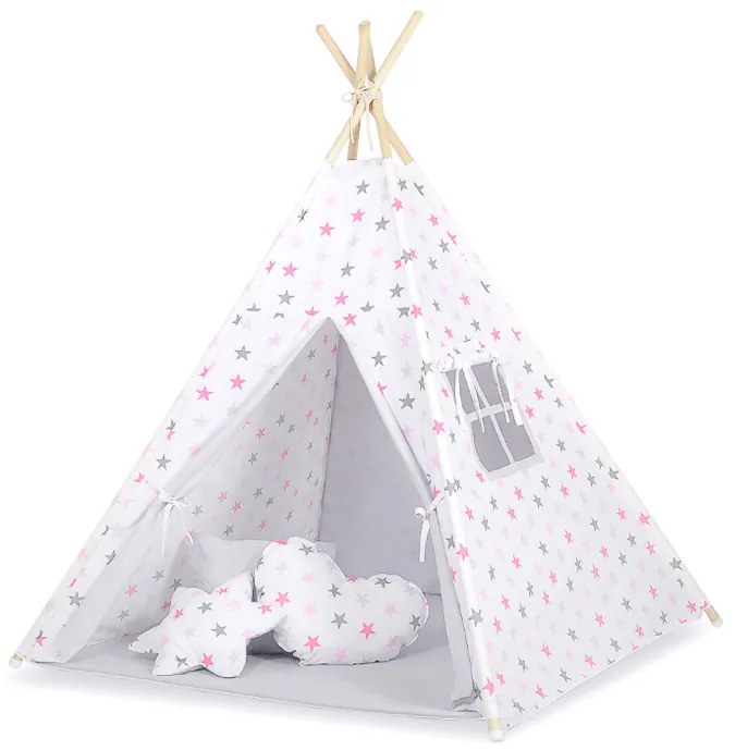 Bobono Stan Teepee pre deti + podložka na hranie + ozdobné perie - Sivo-ružové hviezdy/sivé