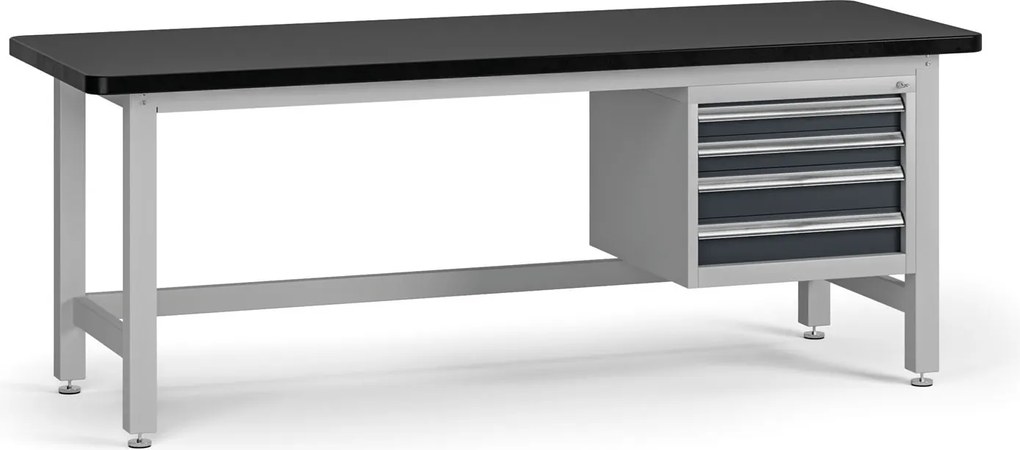 Pracovný stôl do dielne G4 so závesným boxom na náradie, MDF + PVC doska, 4 zásuvky, 2100 x 750 x 800 mm, grafit