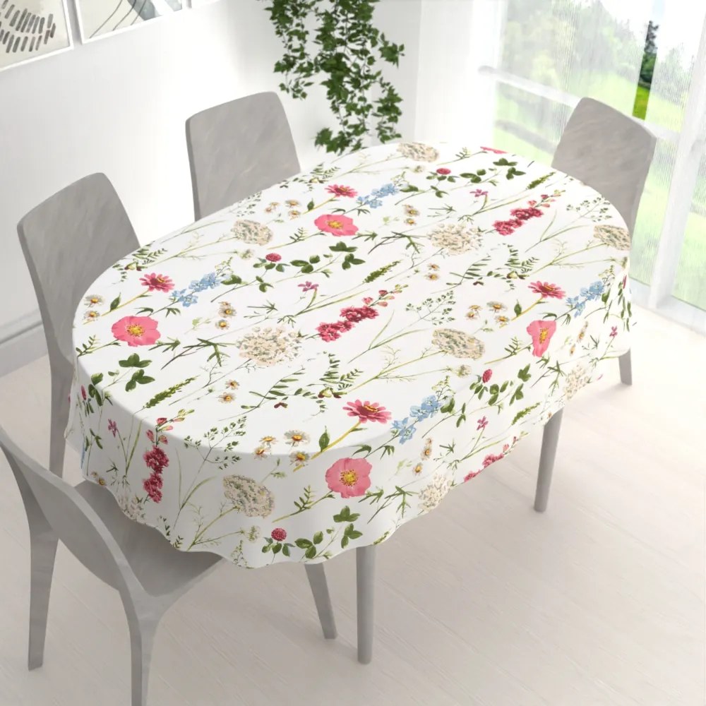 Biante Bavlnený oválny obrus Sandra SA-667 Veľké lúčne kvety na bielom 50x100 cm