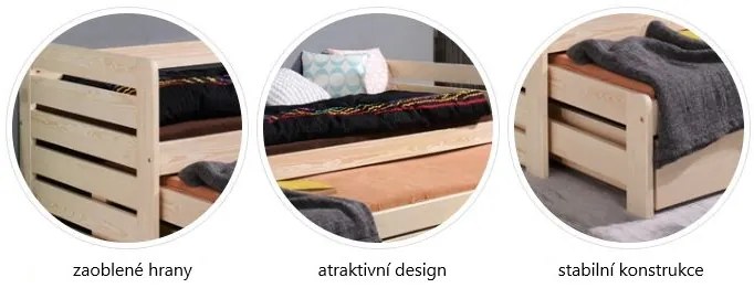 Detská posteľ z masívu borovice TOMÁŠ II s prístelkou a šuplíky - 200x90 cm - prírodná borovica