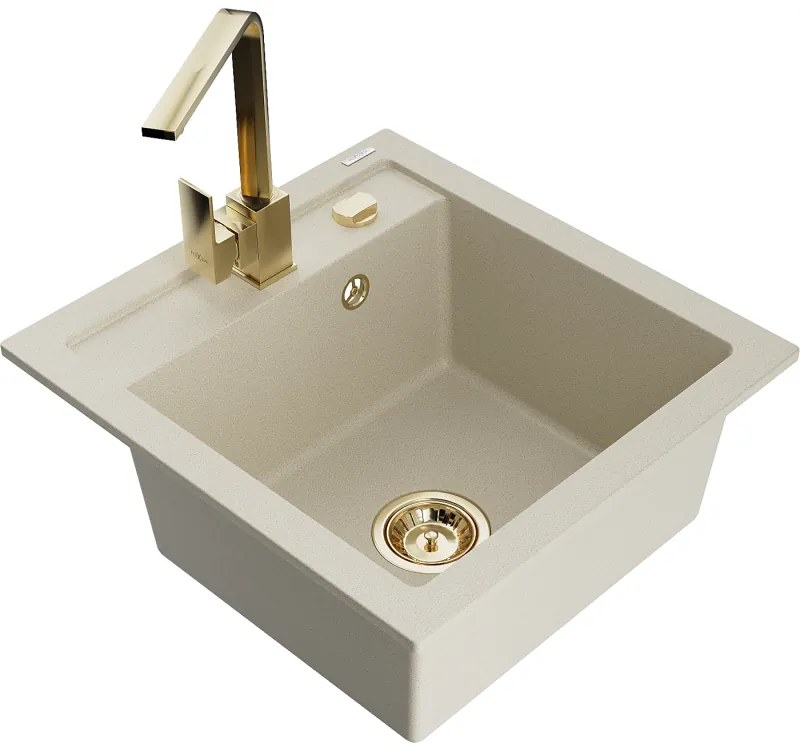Mexen Vito, 1-komorový granitový drez 520x490x210 mm, zlatá batéria Rita, béžová, 6503-69-670300-50