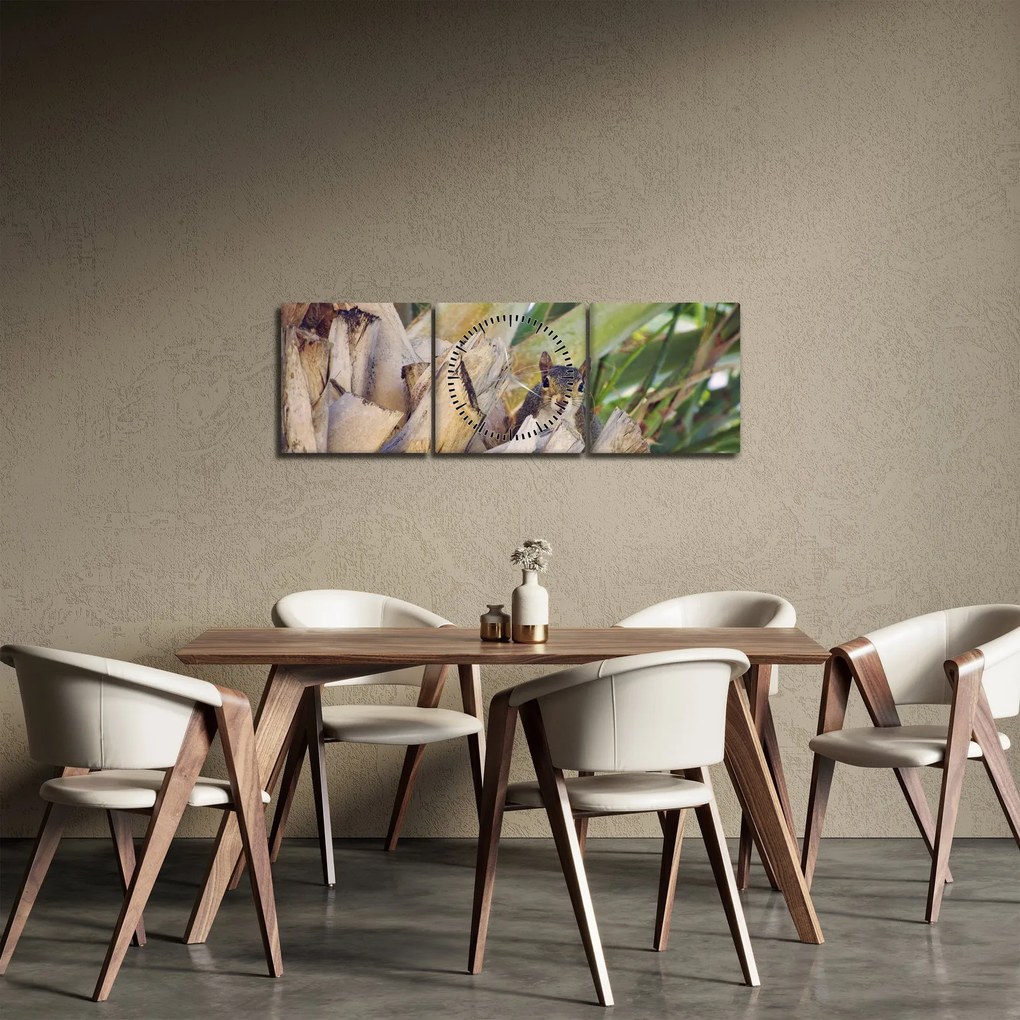 Obraz veveričky na strome (s hodinami) (90x30 cm)