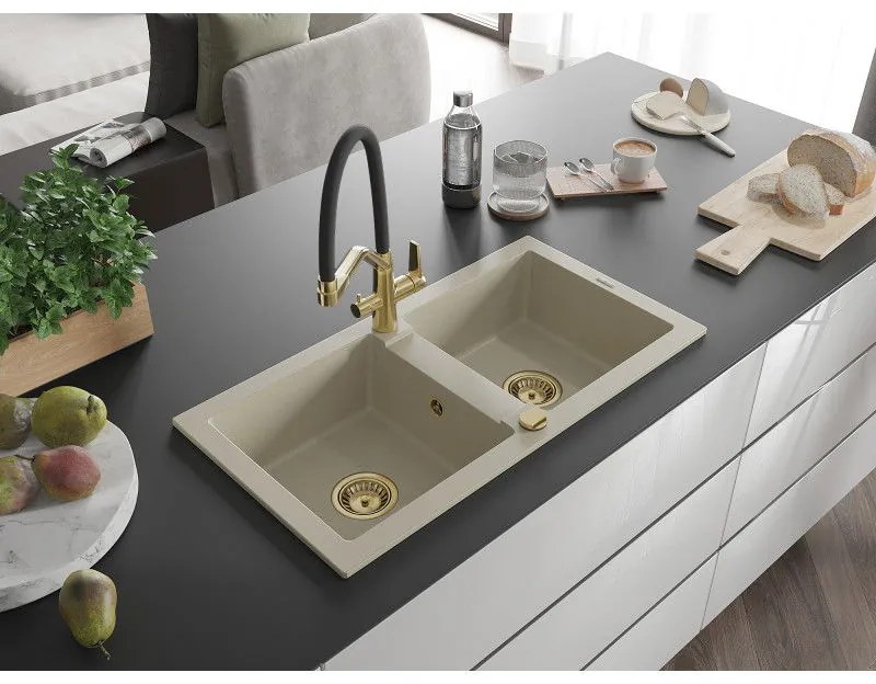 Mexen Mario, granitový drez 820x436x161 mm, 2-komorový a drezová batéria Duo, béžová, 6504-69-671701-57-G