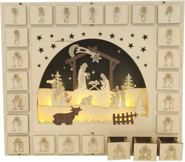 LED adventný kalendár drevený betlehem 39 × 7 × 33,5 cm, 2× AA