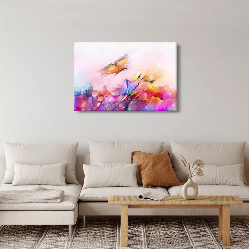 Obraz - Motýľ nad kvetinou, abstrakcia (90x60 cm)