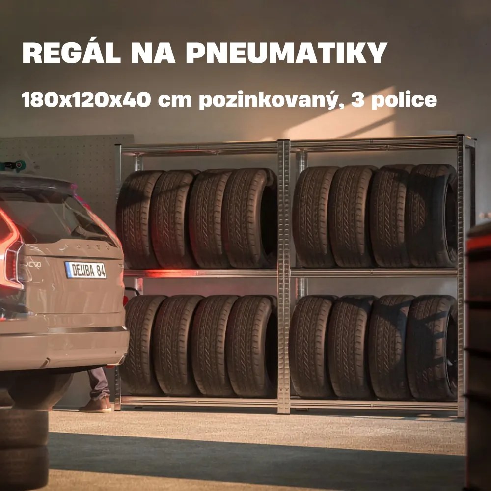 Regál na pneumatiky TYRE, 120x40x180cm, max 795kg, strieborná / bledohnedá Jurhan