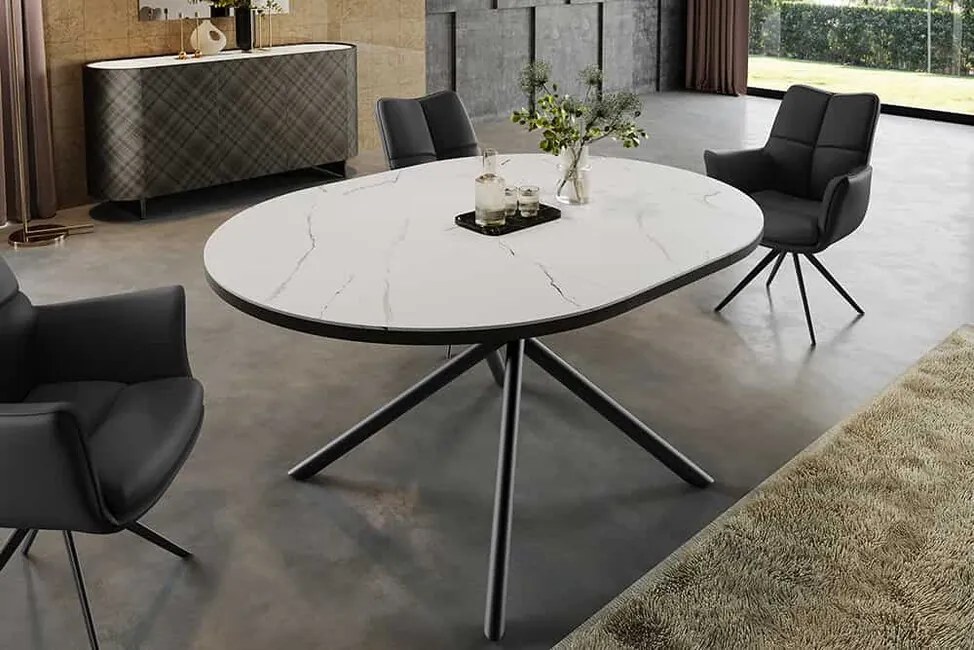 Okrúhly rozkladací keramický stôl Avant 120-160cm biely mramor