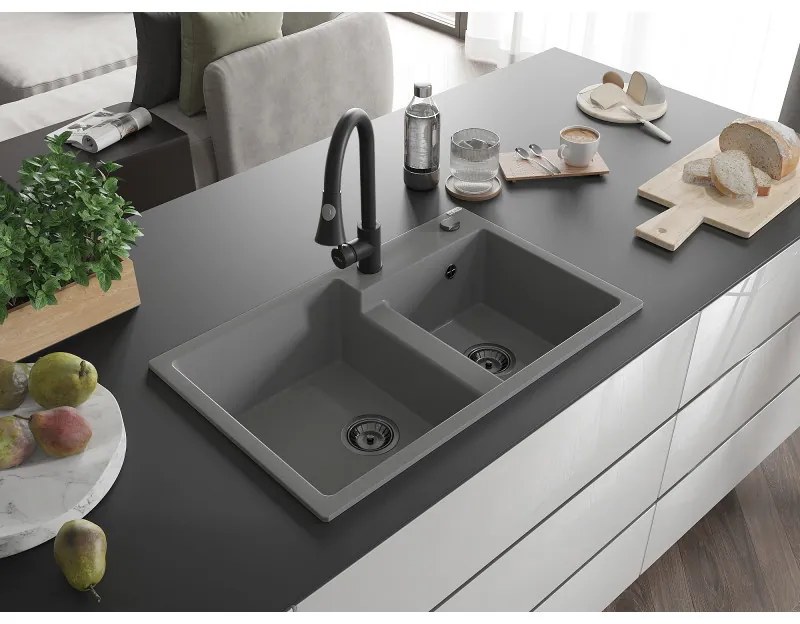 Mexen Tomas, 2-komorový granitový drez 800x500x190 mm a drezová batéria Elia, šedá, 6516-71-670101-70-B