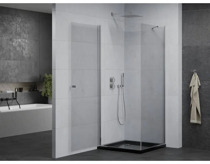 Mexen Pretoria, sprchovací kút 90 (dvere) x 90 (stena) cm, 6mm číre sklo, chrómový profil + čierna sprchová vanička, 852-090-090-01-00-4070