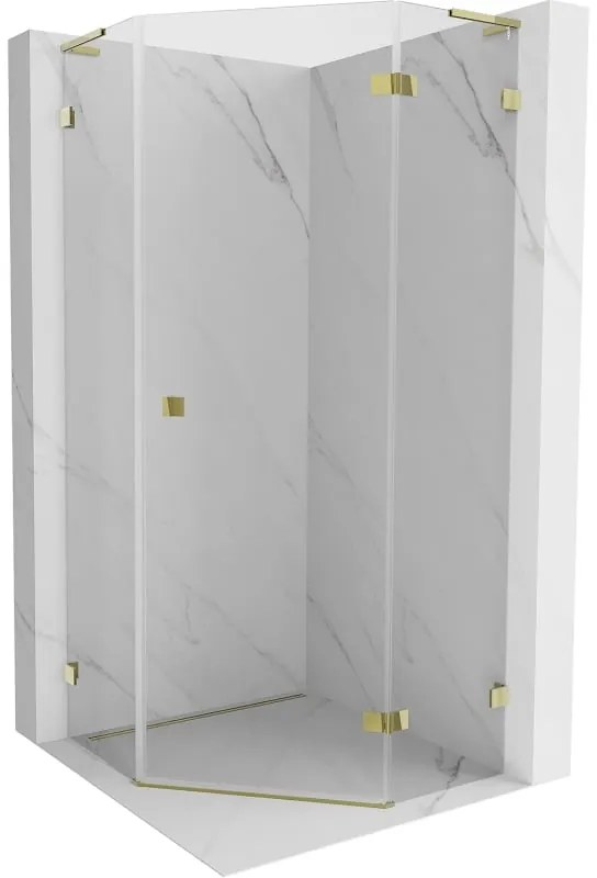 Mexen Lunar, L pravý výklopný päťuholníkový sprchový kút 100 x 100 cm, 8mm číre sklo, zlatý profil, 831L-100P-100L-50-00-P