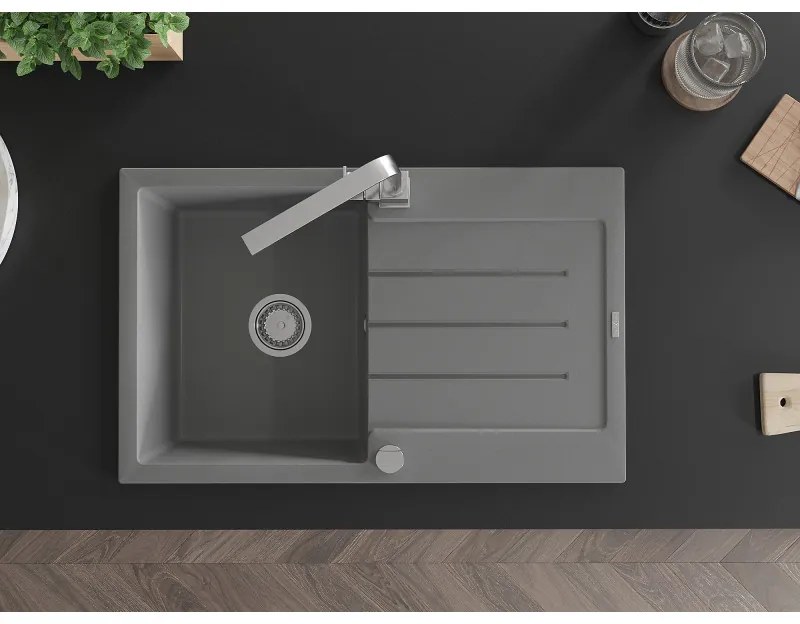 Mexen Bruno, drez granitový 795x495x200 mm, 1-komorový, šedá s chrómovým sifónom a chrómová drezová batéria Rita, 6513-71-670300-00