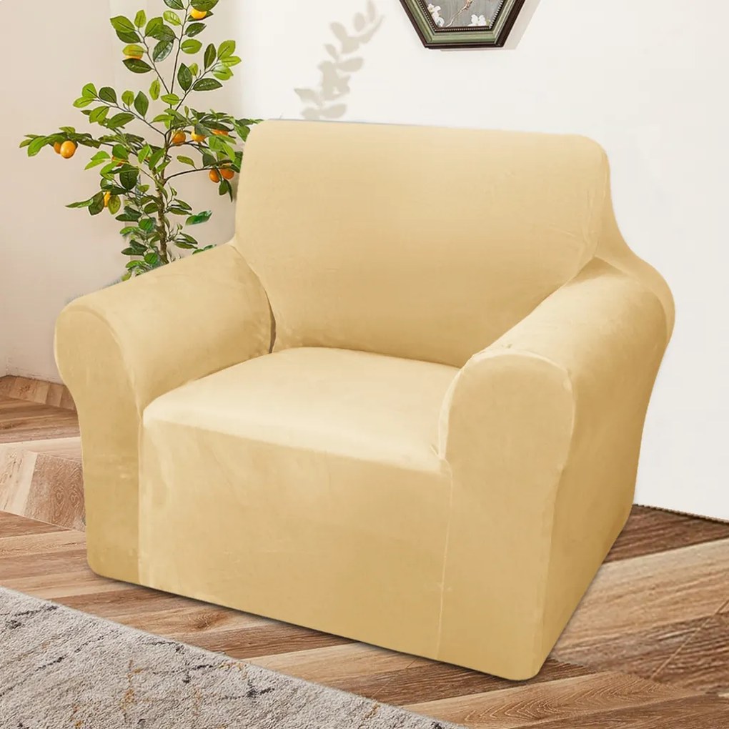 Elastický plyšový poťah na kreslo BestBerg / svetlo žltá
