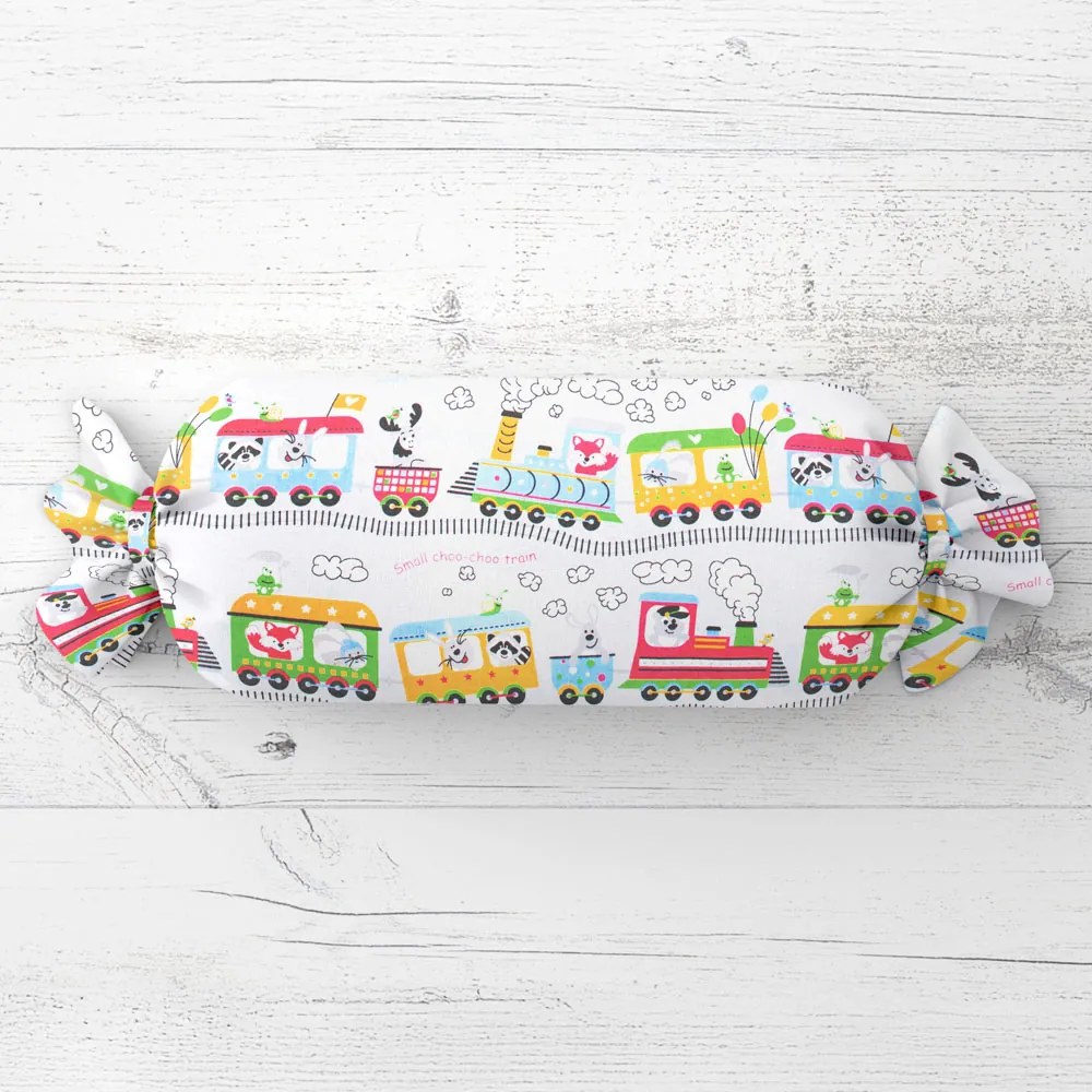 Biante Detský vankúš valec bonbon Sandra SA-328 Vláčik so zvieratkami na bielom 15x80 cm