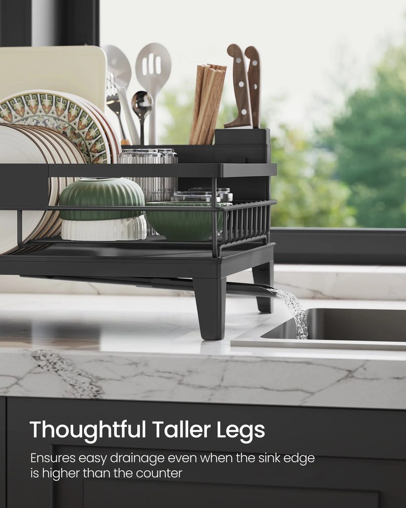 Sušička riadu, otočná o 360° a s výsuvným odtokom, čierna