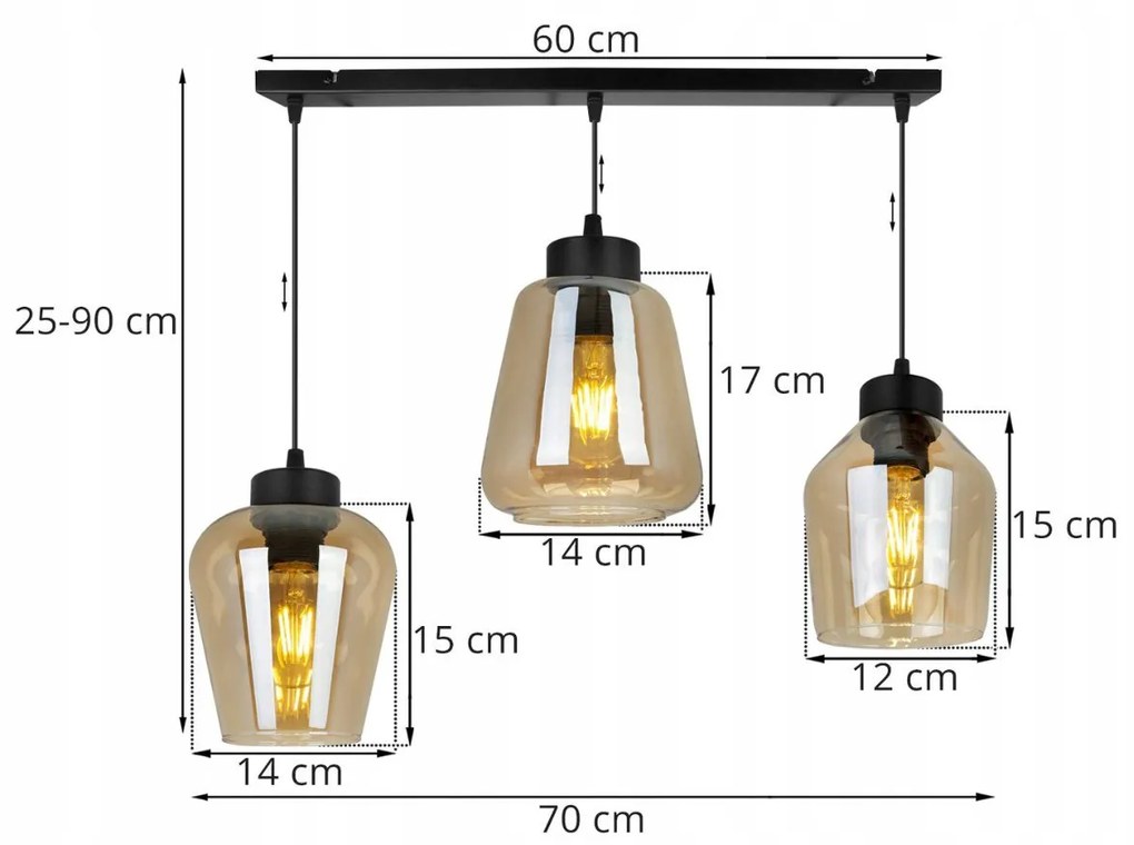 Závesné svietidlo RIJEKA 3, 3x medové sklenené tienidlo
