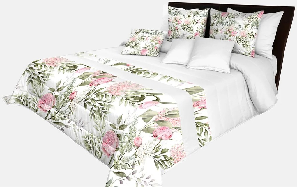 Prešívaný prehoz na posteľ v bielej farbe s krásnymi ružovými kvetinami