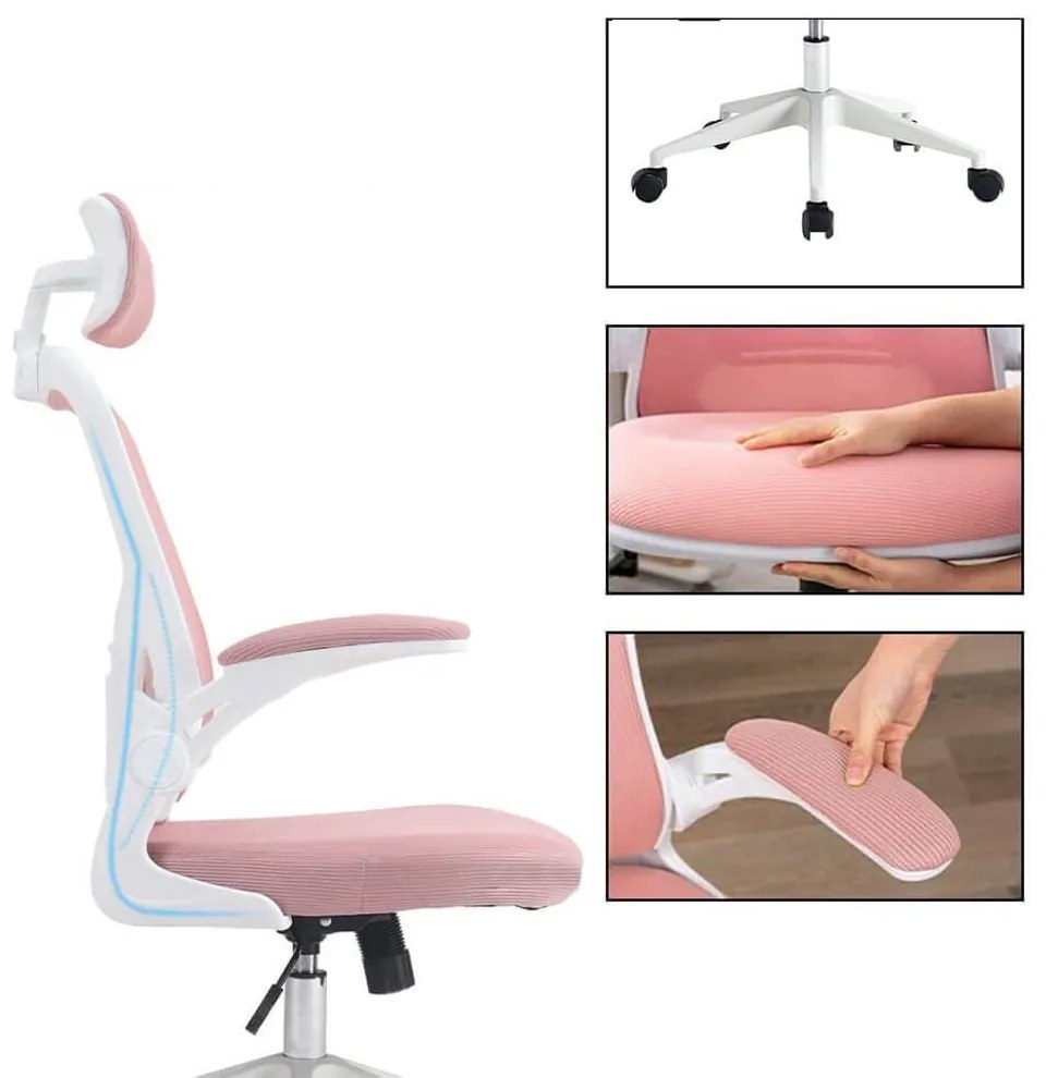 Ergonomická kancelárska stolička s bedrovou opierkou, opierkou hlavy, ružová