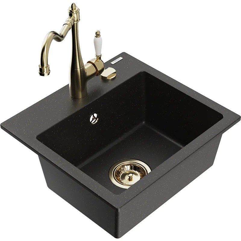 Mexen Milo, granitový drez 435x410x171 mm, 1-komorový a drezová batéria Carla, čierna-zlatá metalíza, 6505-75-670700-50