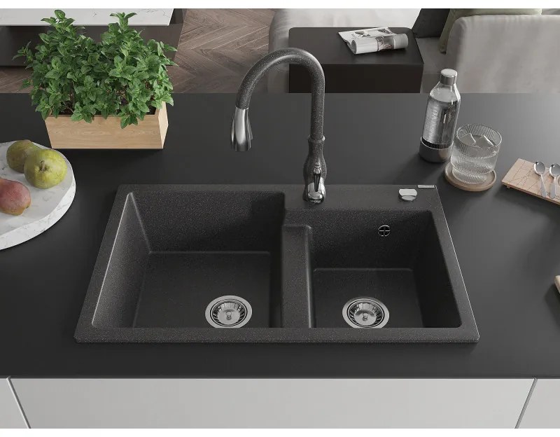 Mexen Tomas, granitový drez 800x500x190 mm, 2-komorový a drezová batéria Savita, čierna škvrnitá, 6516-76-672601-76