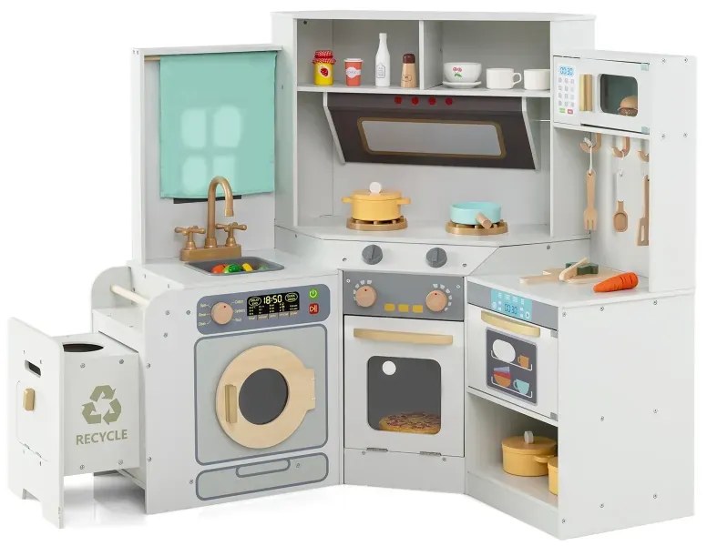 Rohová kuchyňa so svetlami a zvukmi Drevená kuchyňa s výsuvným košom na odpadky Záclona Drez Sporák Mikrovlnná rúra Sivá