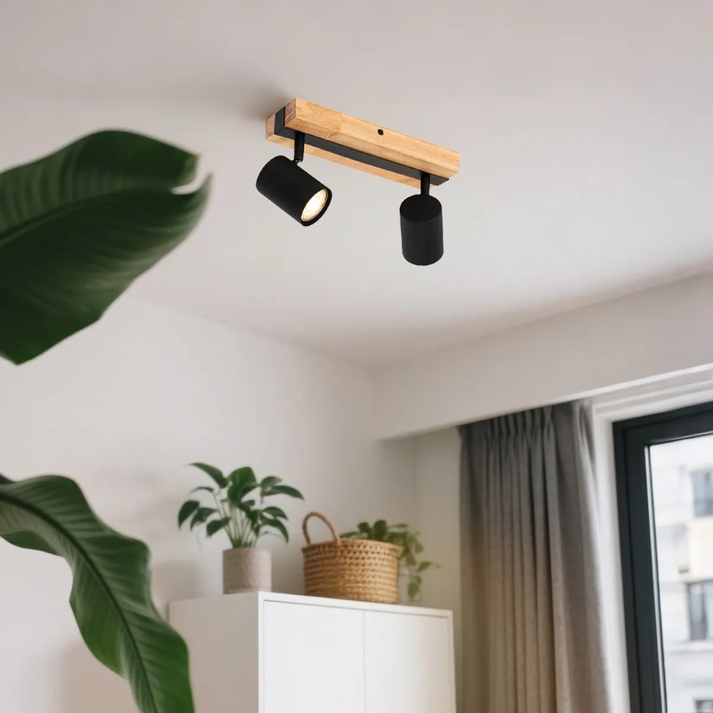 Stropné svietidlo čierne s drevom 2-svetlo nastaviteľné obdĺžnikové - Jeana
