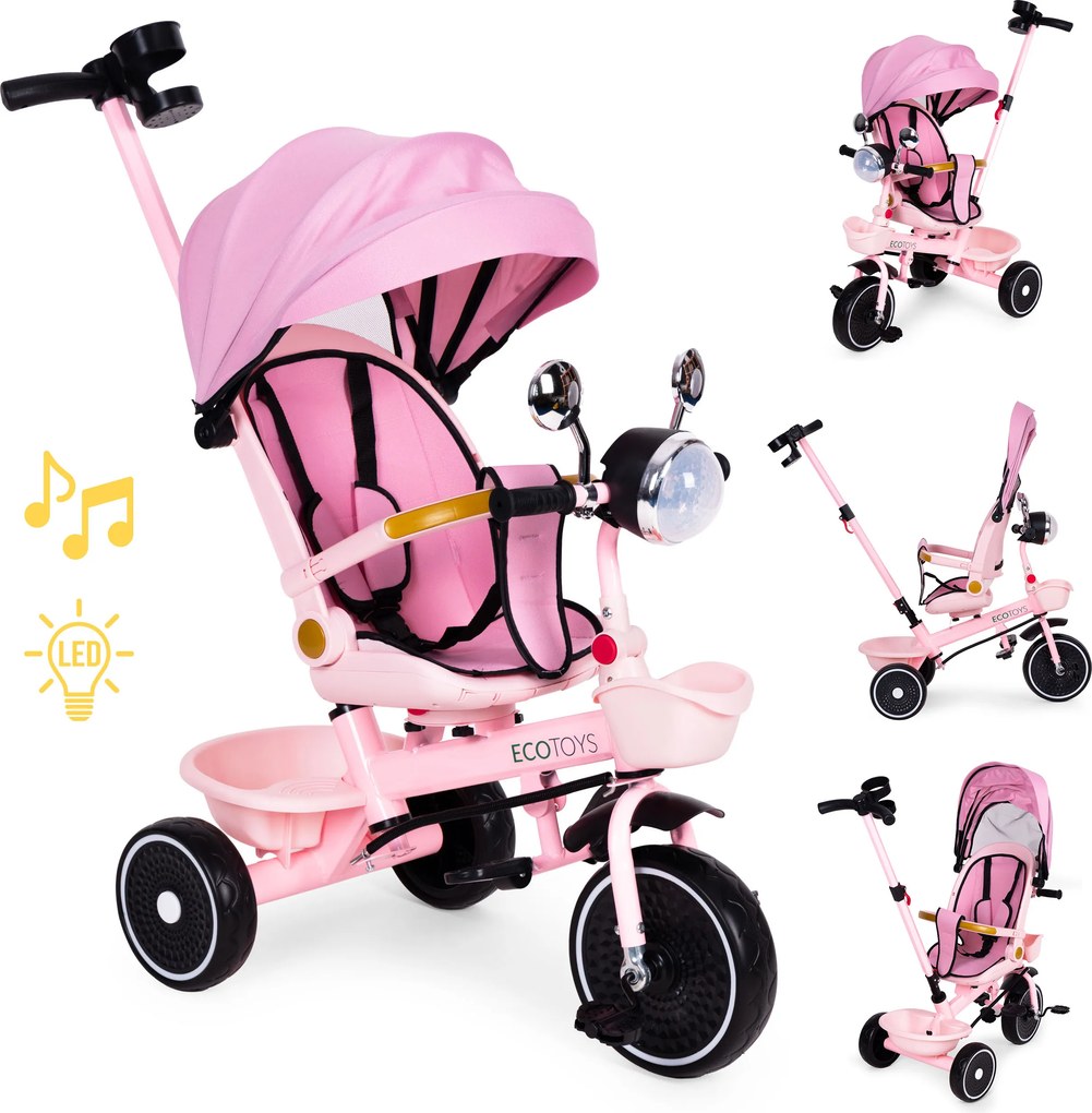 ECOTOYS Multifunkční dětská tříkolka s kočárkem ECOTOYS, otočné sedadlo, světla