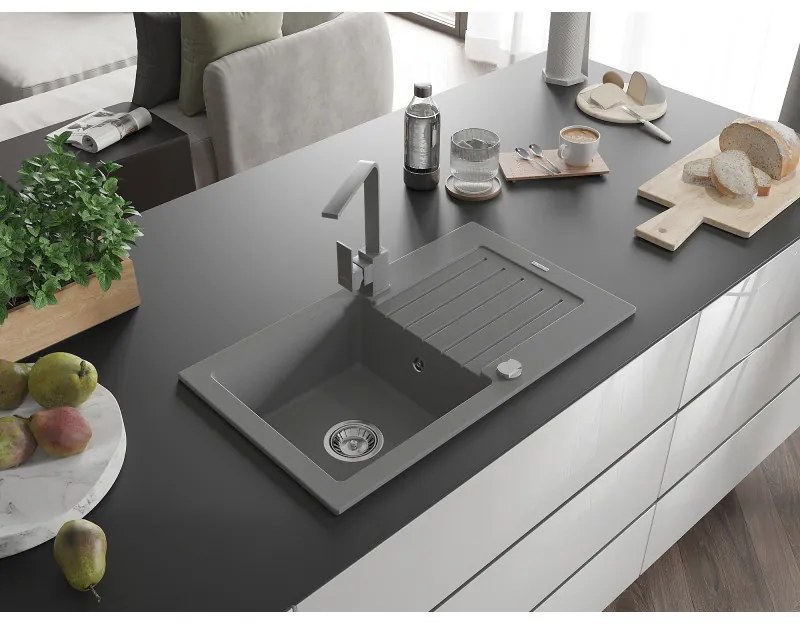 Mexen Pablo, granitový drez 752x436x161 mm, 1-komorový a šedá batéria Rita, šedá, 6510-71-670300-71