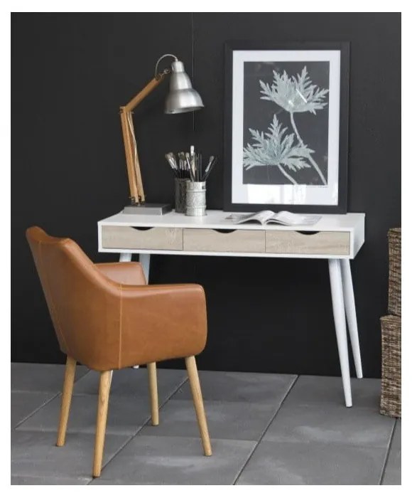 Biely pracovný stôl s 3 zásuvkami v dekore dreva Actona Neptun