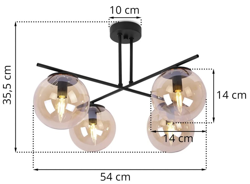 Stropné svietidlo PARIS, 4x medové sklenené tienidlo