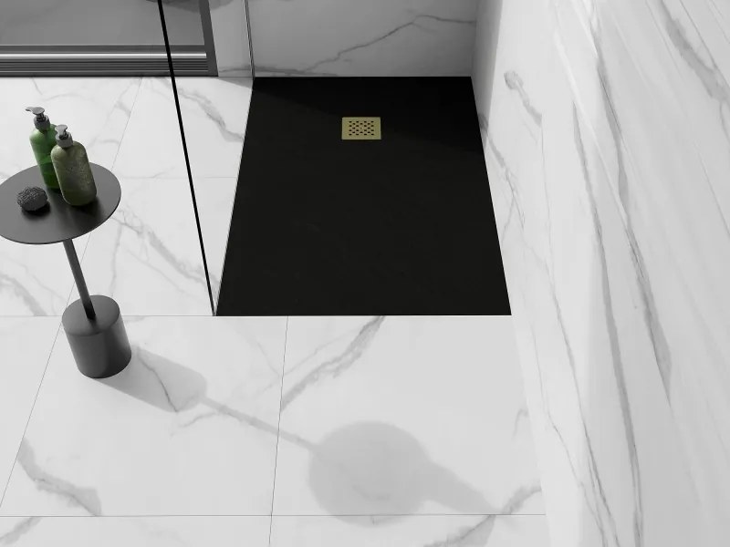 Mexen Stone+, obdĺžniková vanička z minerálneho kompozitu 140 x 80 cm, čierna, zlatá lesklá krytka, 44708014-G