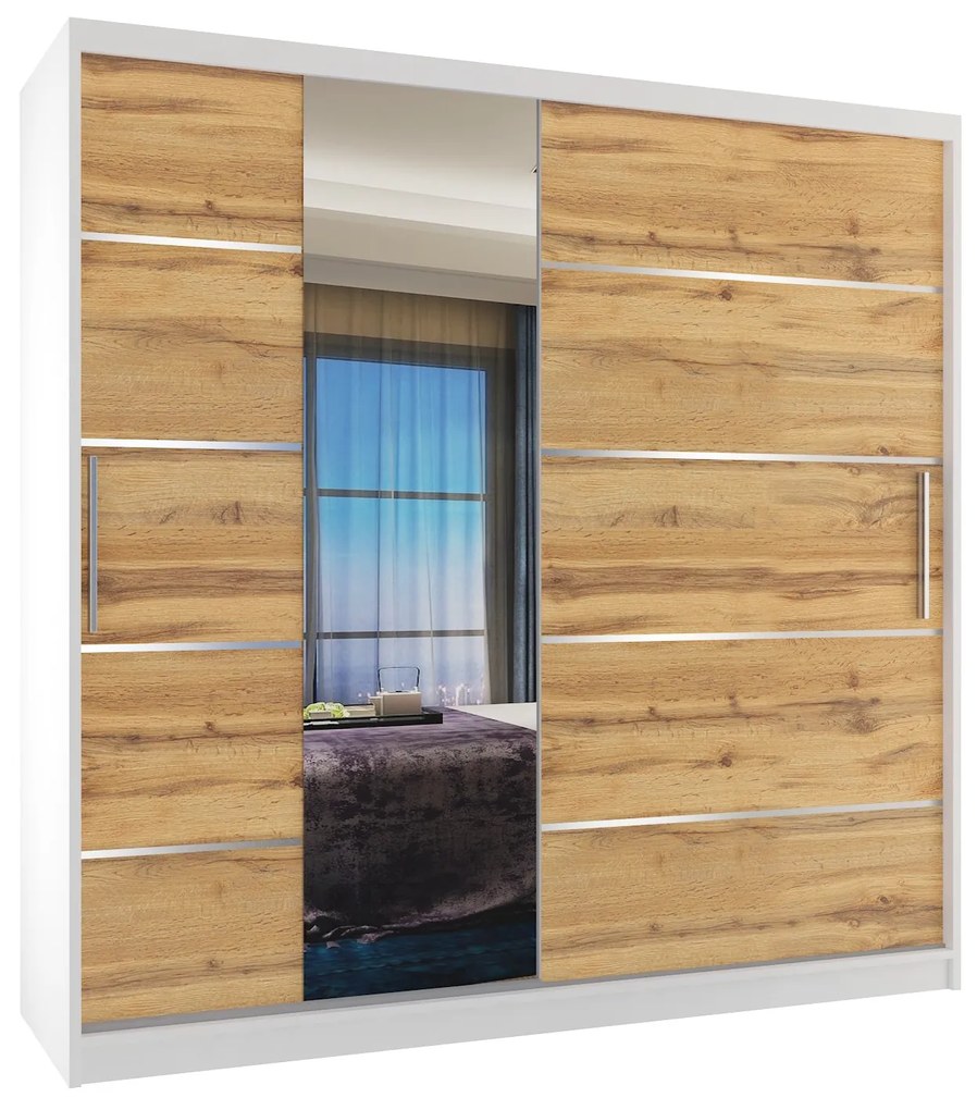 Šatníková skriňa 200 cm Belini biely mat / dub wotan s posuvnými dverami zrkadlom a zásuvkami  MBP SZP5/1/W/DW/0/KLAL