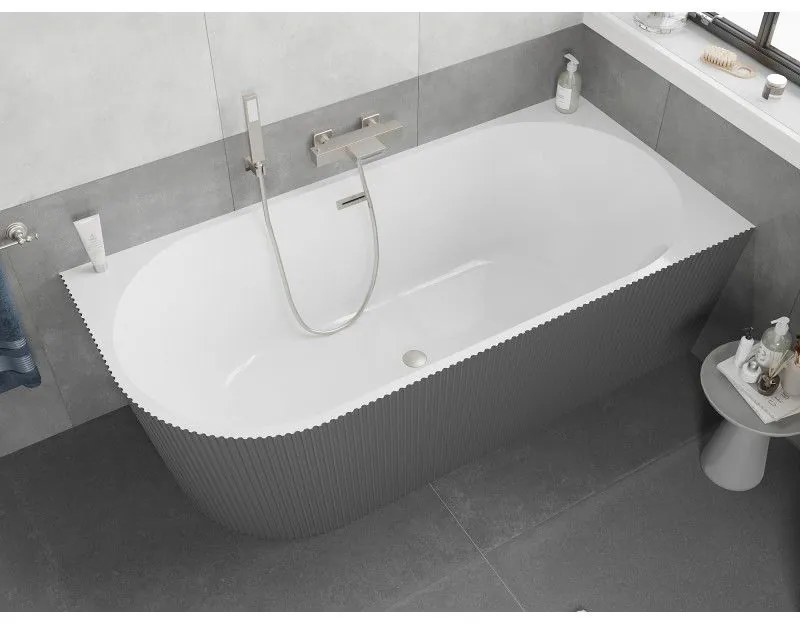 Mexen Silo, rohová voľne stojaca ryhovaná vaňa, pravá, 150 x 75 cm, biela-šedá, oceľový prepad, 52891507562P-97